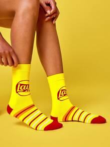 Lay's X SHEIN 2 双柔软透气吸湿排汗休闲女士中筒袜时尚薯片黄色中筒袜加固脚趾和脚跟，经久耐用男女通用四季百搭夏冬 - 彩色 - 查看 7