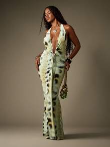 MISSGUIDED 弹力缎面长裙，露背领，前开叉，晚礼服，正式婚礼宾客拖地长裙，特殊场合优雅个性连衣裙 - 彩色 - 查看 1