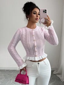Elenzga Nuevo cárdigan corto de punto ajustado con cuello redondo y puños con volantes, con diseño de botón metálico, dulce para una cita del Día de San Valentín, versátil - Rosa - Ver 4