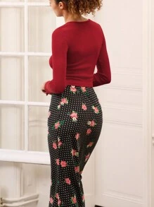 lacRébo Red Fitted Long Sleeve Top With Mini Pink Satin Bows And Open Chest Detail Fall Women Clothes Top Spring Summer  New Year Top - Red - View 2