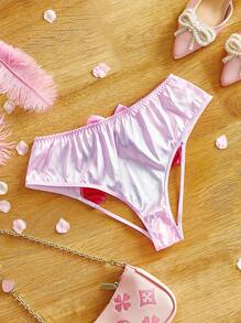 粉色撞色荷叶边缎面花卉蕾丝镂空后背蝴蝶结卡哇伊可爱洛丽塔音乐节派对性感内裤女
