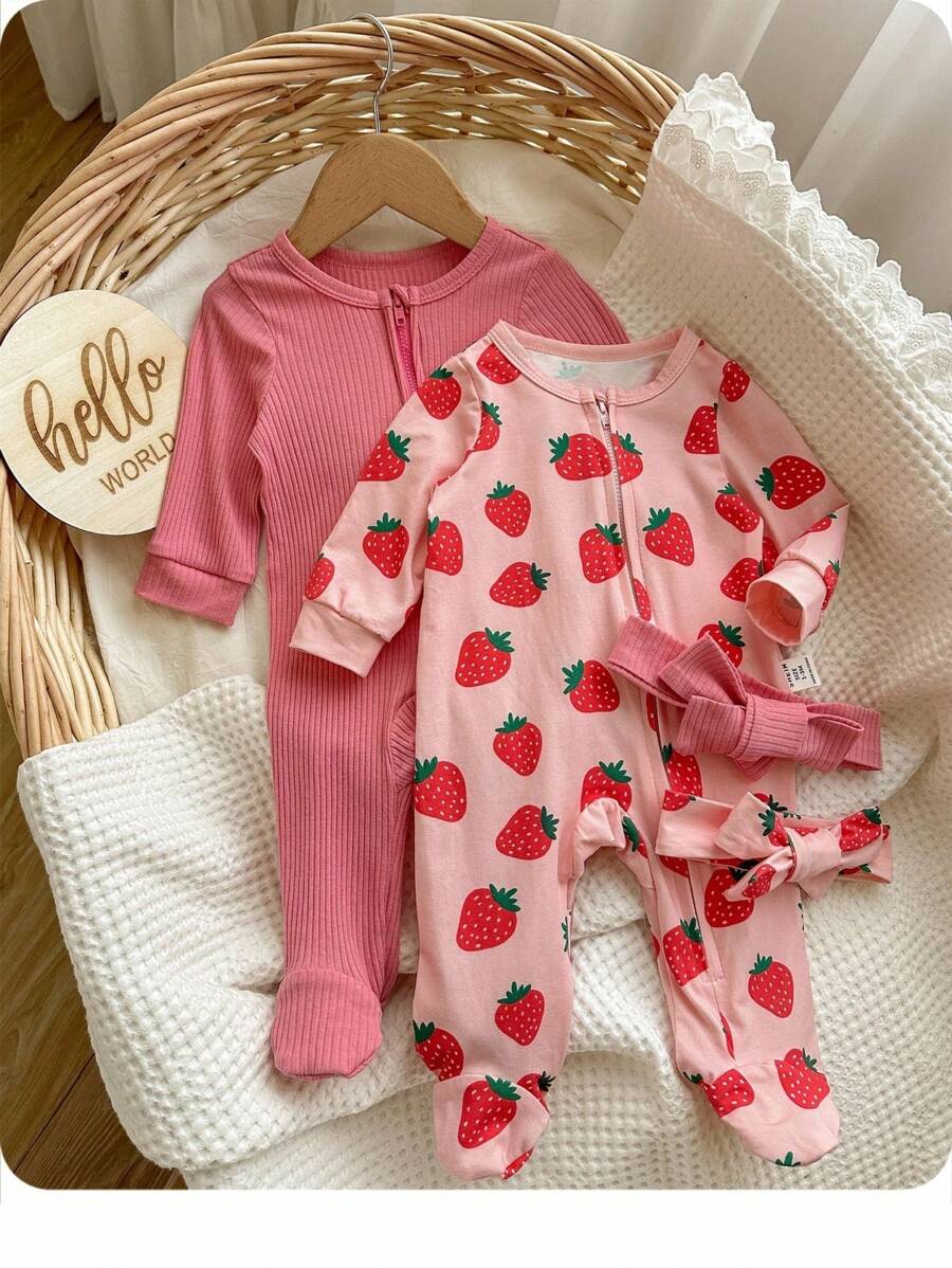 2件套新生女婴可爱草莓印花圆领长袖前拉链柔软连体衣套装 - 粉色 - 查看 1