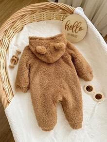 SHEIN 新生女宝宝可爱卡通熊图案毛绒连帽连体衣，秋冬季 - 棕色 - 查看 2
