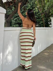 NegzBox Women's Spring/Summer New Knitted Crochet Crossed Backless Striped Bohemian Dress, Elegant Vacation Dress Summer Outfits For Women Ave Outfits Festival Rave Festival  Rave Outfits Festival Outfits For Women Country Concert Outfit Festival Outfits Sundress Western Clothes For Women Summer Dresses For Women Dresses For Women Summer Outfits For Women Vacation Boho - Multicolor - View 2