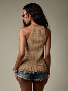 MISSGUIDED Halter Neck Ribbed Fringe Tank Top Summer Boho Hippie Festival Sleeveless Sweater Knit Resort Vacation Travel Beach Wear - Mocha Brown - View 2