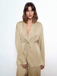 Maija Conjunto de mujer de chaqueta de punto de manga larga con lazo delantero en satén de unicolor y pantalones elásticos de cintura alta, conjunto casual de 2 piezas, ropa de dormir de mujer, conjunto de estilo de oficina clásico casual de negocios para mujer