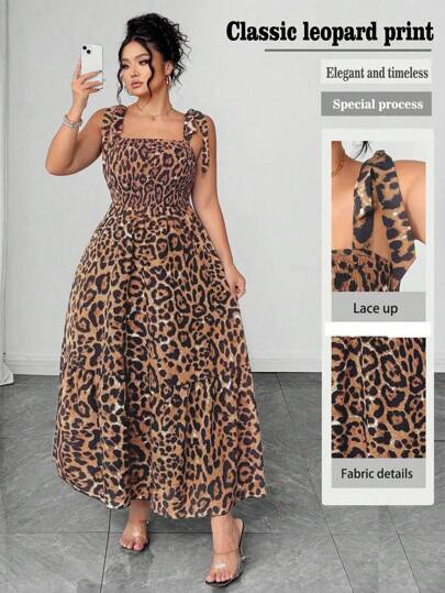 Elenzga Vestido casual de vacaciones de talla grande para mujer con estampado de leopardo, lazo, volantes en el bajo y sin mangas, para primavera/verano