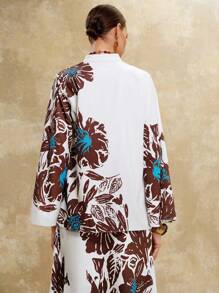Revavyn Revavyn Women's White And Blue Floral Elegant Autumn Blouse,Stand Collar V-Neck Hollow Out Flowy Top For Brunch,Holiday,Vacation,Nashville,Boho Tops - White - View 3