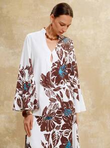 Revavyn Revavyn Women's White And Blue Floral Elegant Autumn Blouse,Stand Collar V-Neck Hollow Out Flowy Top For Brunch,Holiday,Vacation,Nashville,Boho Tops - White - View 4