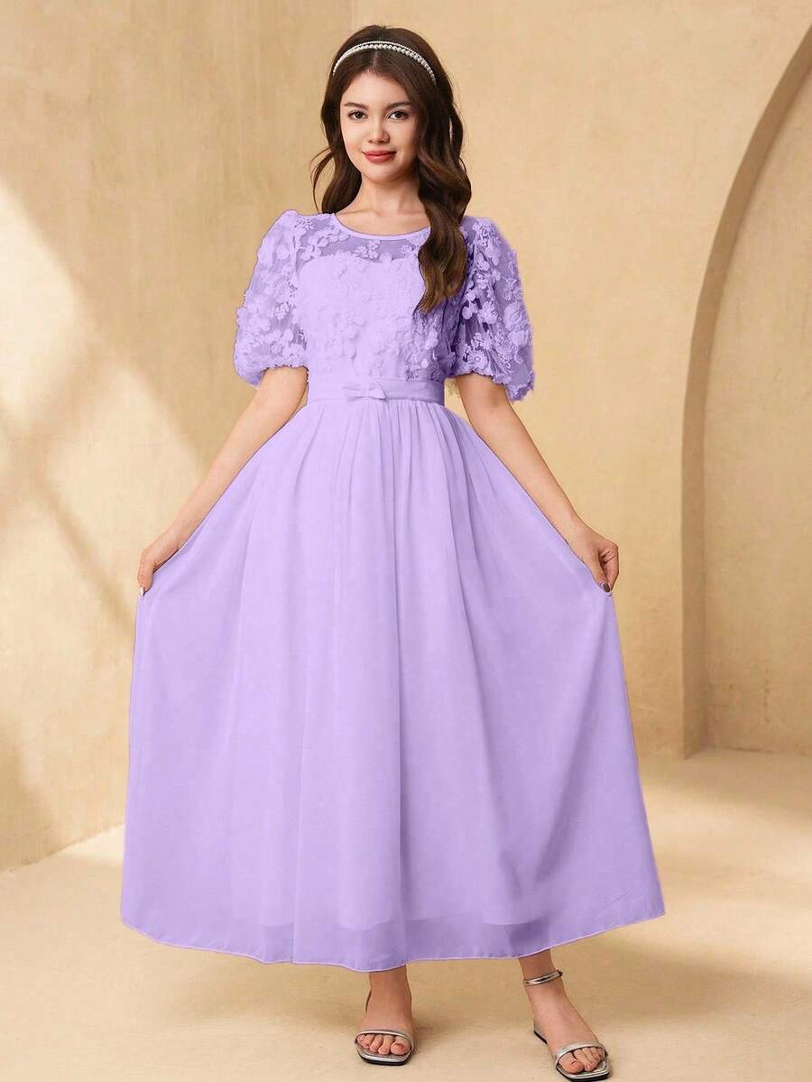 SHEIN 少女优雅白色圆领 3D 蕾丝面料泡泡袖飘逸连衣裙，适合派对、婚礼季节 - 紫色 - 查看 1