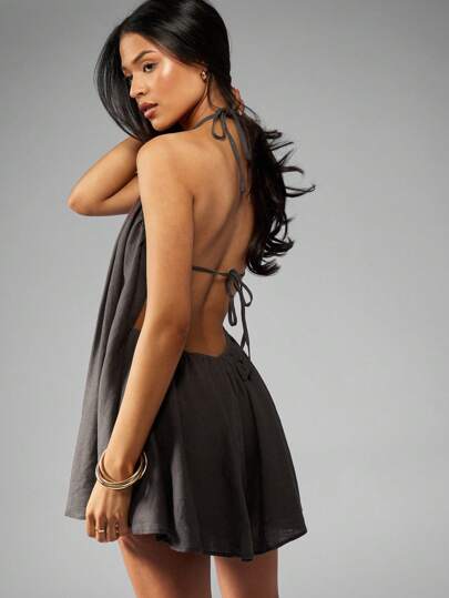 MISSGUIDED Lightweight Linen Halter Neck Romper Backless Summer Playsuit Beach Resort Vacation One Piece Loungewear Festival Outfit