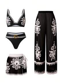 Selianne 4 件套夏季时尚流行年轻女士高端分体泳衣套装，包含沙滩罩衫和裤子 - 黑色 - 查看 5