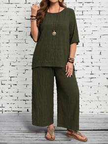 EMERY ROSE Plus Size Women's Early Spring Blue Long Sleeve Shirt And Pants Set - Army Green - View 3