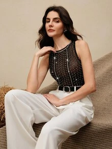 Anewsta Nuovo top canotta senza maniche per donna, vintage di lusso ed elegante, in chiffon con perline e rete, ringiovanente - nero - Visualizzare 5