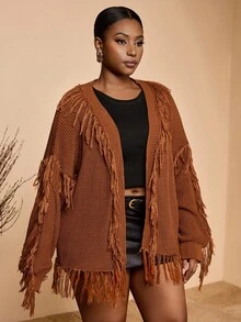 Veslaya 2025 Nuovo Cardigan in maglia marrone con frange, stile college/casual business/stile occidentale/abbigliamento da ufficio/casual da strada/vacanza in città/laurea/vacanza elegante/festa/Giorno dell'Indipendenza/moda di base per uso esterno e sociale, taglie comode per donne taglia forte, Autunno/Inverno - Castano - Visualizzare 4