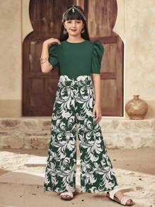 SHEIN 2pcs Tween Girl Crew Neck Puff Sleeve Cropped Top & Wide Leg Pants Set - Dark Green - View 8