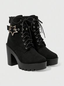 Sugerpunk 女式哥特式圆头粗跟防水台朋克靴，绒面面料，黑色高跟靴，适合派对、日常穿着、晚礼服，增高修腿 - 黑色 - 查看 1