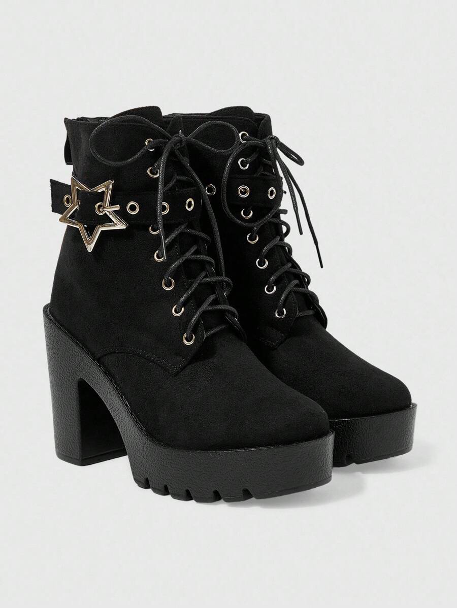 Sugerpunk 女式哥特式圆头粗跟防水台朋克靴，绒面面料，黑色高跟靴，适合派对、日常穿着、晚礼服，增高修腿 - 黑色 - 查看 1