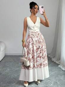 DAZY Elegant Mixed-Color Floral Print Patchwork Women's A-Line Skirt - Khaki - View 1