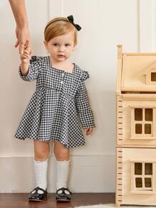 SHEIN Baby Girl Spring&Autumn Casual Style Long Sleeve Checkered Pattern Dress - Black and White - View 6