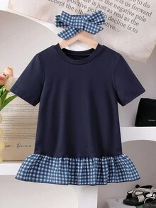 Girls Casual Chic Navy 2 In 1 Plaid Patchwork Short Sleeve T-Shirt With Tie, Slim Fit, Summer Girls Shirts Teen Girl Shirts Casual Shirts For Girls Gingham Ruffle Shirt Babydoll Tops For Girls - Black - View 6