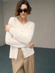 Uhlyne Fall Women Clothes Women's Solid Color Long Sleeve Single-Breasted Casual Cardigan All White Knitted Sweater - White - View 6