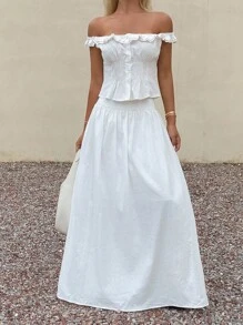 Livesso 女士方领收腰上衣和宽松半裙两件套，夏季露肩上衣 - 米色 - 查看 6