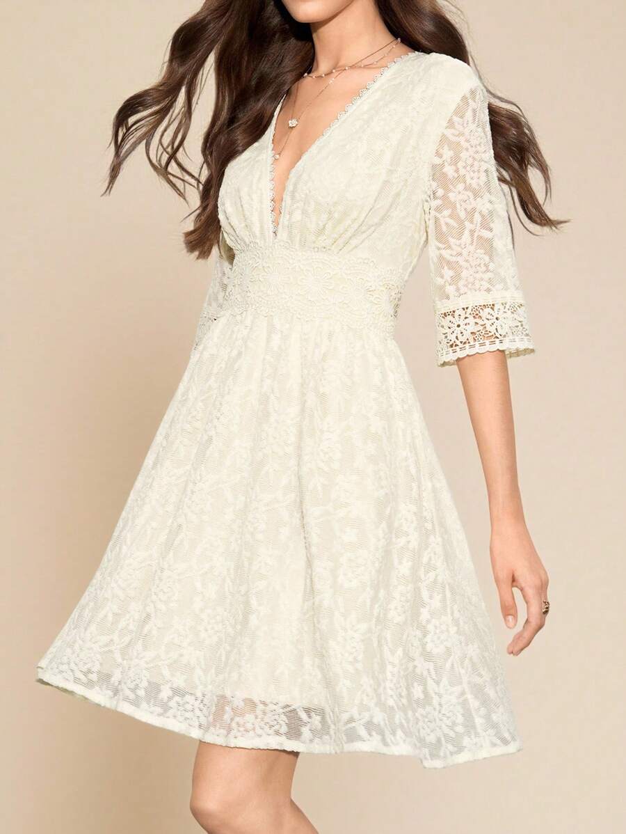 Amorya 女士V领提花针织收腰A字半袖蕾丝边优雅连衣裙，适合春夏秋季穿着，白色连衣裙 - 杏色 - 查看 1