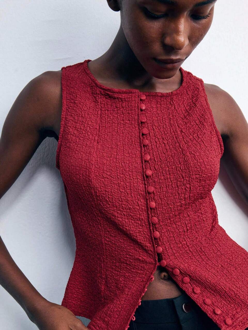SHEIN Maija Modern Classic Textured Knit Women Cardigan Top,Sleeveless Round Neck Burgundy Red Elegant Summer Brunch Top For Autumn Party,Old Money Style Corset