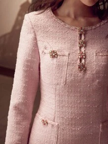 MOTF PREMIUM TWEED PATCH POCKET BEADED SHORT DRESS - Pink - View 2