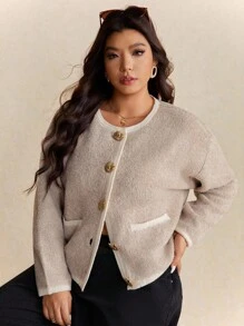 Elaquor Cárdigan informal con recorte de bloques de color, talla grande, otoño/invierno - Camel - Ver 4