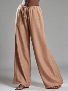 NYA SZN Trouser Tie Elastic Waistband Side Tie Ruched Linen Pants Beach Workwear S Brown - Brown - View 5