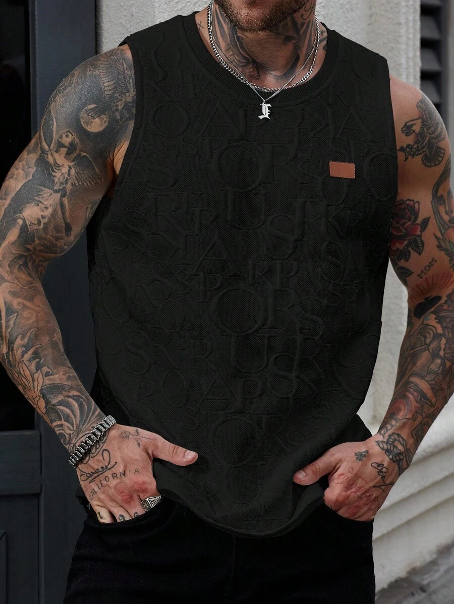 Manfinity Homme 男士休闲字母压纹背心，夏季男士黑色背心 - 黑色 - 查看 1