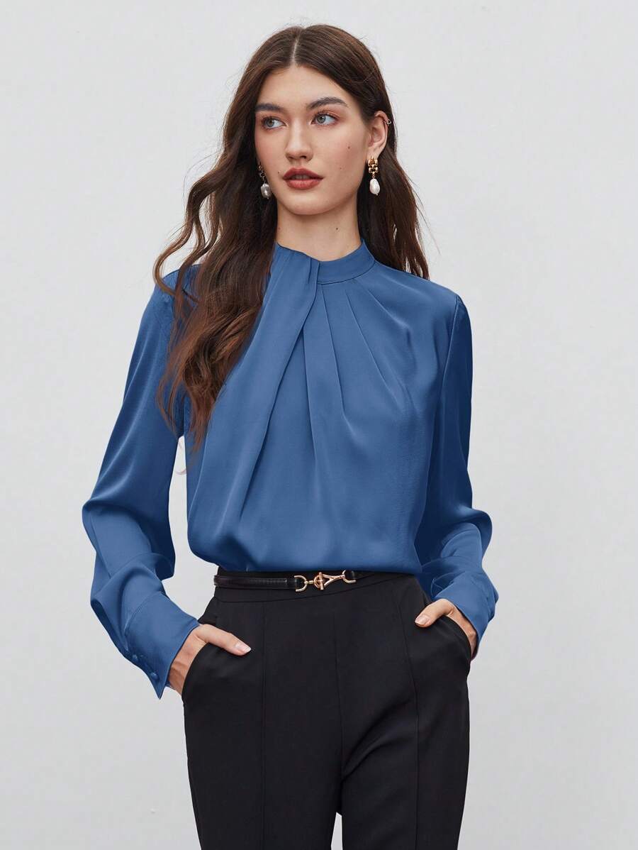 BizChic 女士秋季高领不对称设计褶饰宽松长袖上衣，基本款简约优雅别致商务休闲办公装，适合教师、婚礼、音乐会