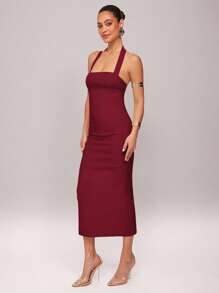 Silquee Early Spring Solid Yellow Romantic Valentine's Day & Date Night Vacation Women's Solid Color Ruffle Hem Halter Cotton Linen Dress, Linen Valentine's Day Dress, Party Dress, Romantic Date Dress, Wedding Bridesmaid Mini Dress, Formal Ball Gown Dress, Daily Commute Dress, White Dress, Birthday Mini Dress, Vacation Dress, Bodycon Midi Dress Midi Dress Halter Midi Dress Tight Midi Dress Elegant Midi Dress Bodycon Dress - Burgundy - View 6