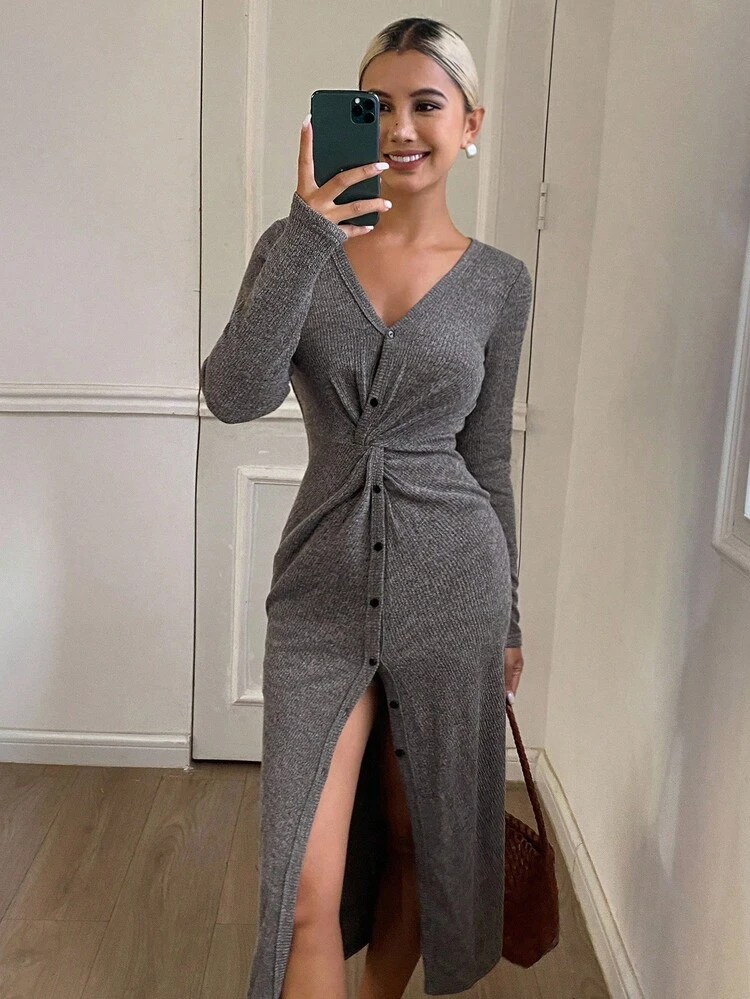 Solid Color Waist Twist V-Neck Long Sleeve Elegant Autumn/Winter Dress For Women Dress