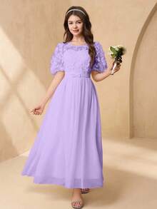 SHEIN 少女优雅白色圆领 3D 蕾丝面料泡泡袖飘逸连衣裙，适合派对、婚礼季节 - 紫色 - 查看 5