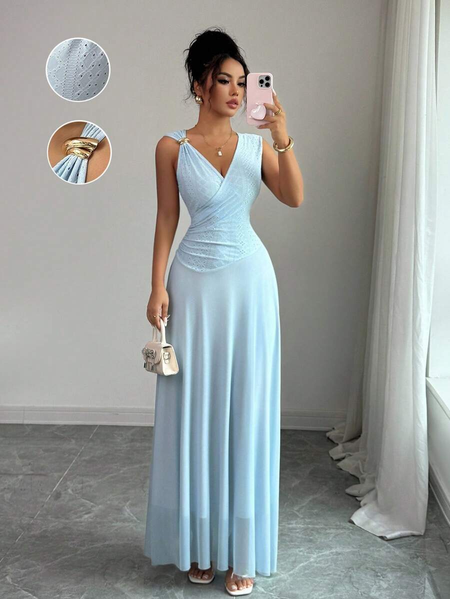 Elenzga Đầm lưới cổ chữ V dệt kim jacquard đàn hồi thắt eo kim loại thời trang mới, màu xanh nhạt, xuân/hè - Màu xanh lam - Xem 1