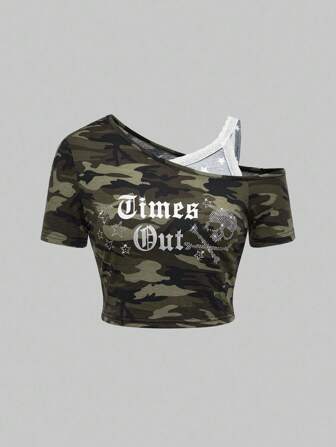 J-Fashion Camiseta de un solo hombro con estampado de calavera y rhinestones en estilo Harajuku Punk para tallas grandes