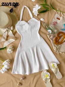 1pc Girls' Casual Vacation White Textured Fabric Double Layer Dress, Summer - White - View 2