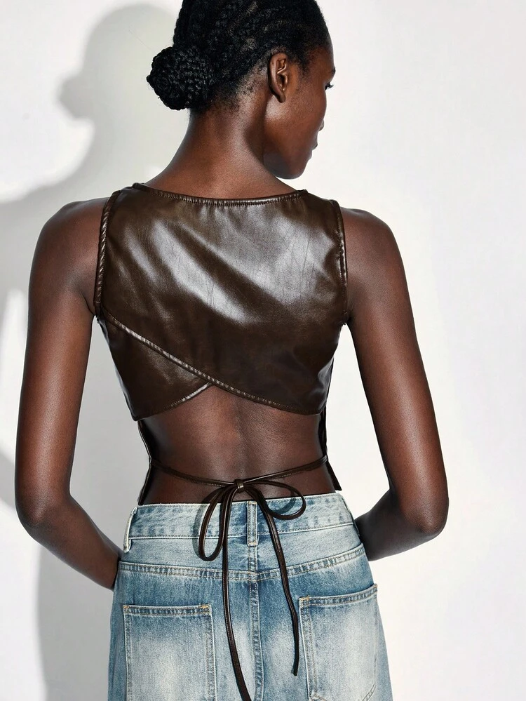SHEIN Maija 2025 Modern City Metal Buckle PU Backless Bowknot Women's Tank Top, Suitable For Early Autumn Brown Leather Crop Top Brown Crop Top Leather Crop Top Dark Brown Crop Top Chocolate Brown Crop Top, Fall For Women,Winter For Women,Winter,Night Out,Going Out Tops Women, Night Out,Date Night,Old Money Style Women,Business Casual Woman