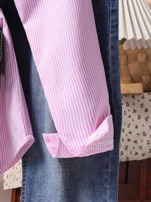 Sparklyn 1 件女童翻领长袖纽扣条纹衬衫，正面绣有图案，秋季休闲上衣 - 粉色 - 查看 3