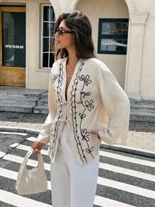 Serisse 女式花卉印花落肩长袖前系带休闲常规夹克 - 杏色 - 查看 3