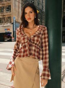 Easelle 女式复古休闲红色格子荷叶边前领带衬衫 - 紅白色 - 查看 9