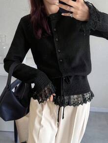FRIFUL Women's Casual Lace Patchwork Drawstring Crew Neck Loose Hem Cardigan Black Lace Cardigan Lace Sleeve Cardigan Black Cardigan With Lace Black Lace Top Lace Trim Cardigan - Black - View 3