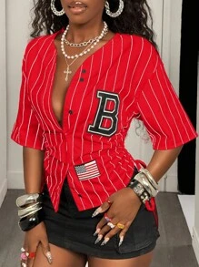 BamGleam Áo thun kẻ sọc họa tiết chữ mùa hè có dây rút bên hông - Đỏ - Xem 6