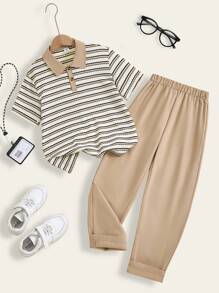 SHEIN 2pcsTween Boy Polo Co-Ords Casual Daily Wheat Yellow Textured Woven Fabric Short Sleeves Polo Regular Thicknessdaily Vacation Summer And Autumn Contrast Stripesback To School Polo Shirt And Khaki Pants Suit - Khaki - View 3