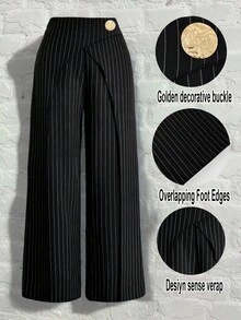 Selianne Women's Elegant Commuter Daily European And American Style Striped Fabric 2 In 1 Exaggerated Metal Buckle Decor Side Zipper Easy On/Off Casual Versatile Design, Suitable For Casual, Gathering, Commuting And Other Occasions In Spring And Autumn Fall Cloth For Women - Black - View 1