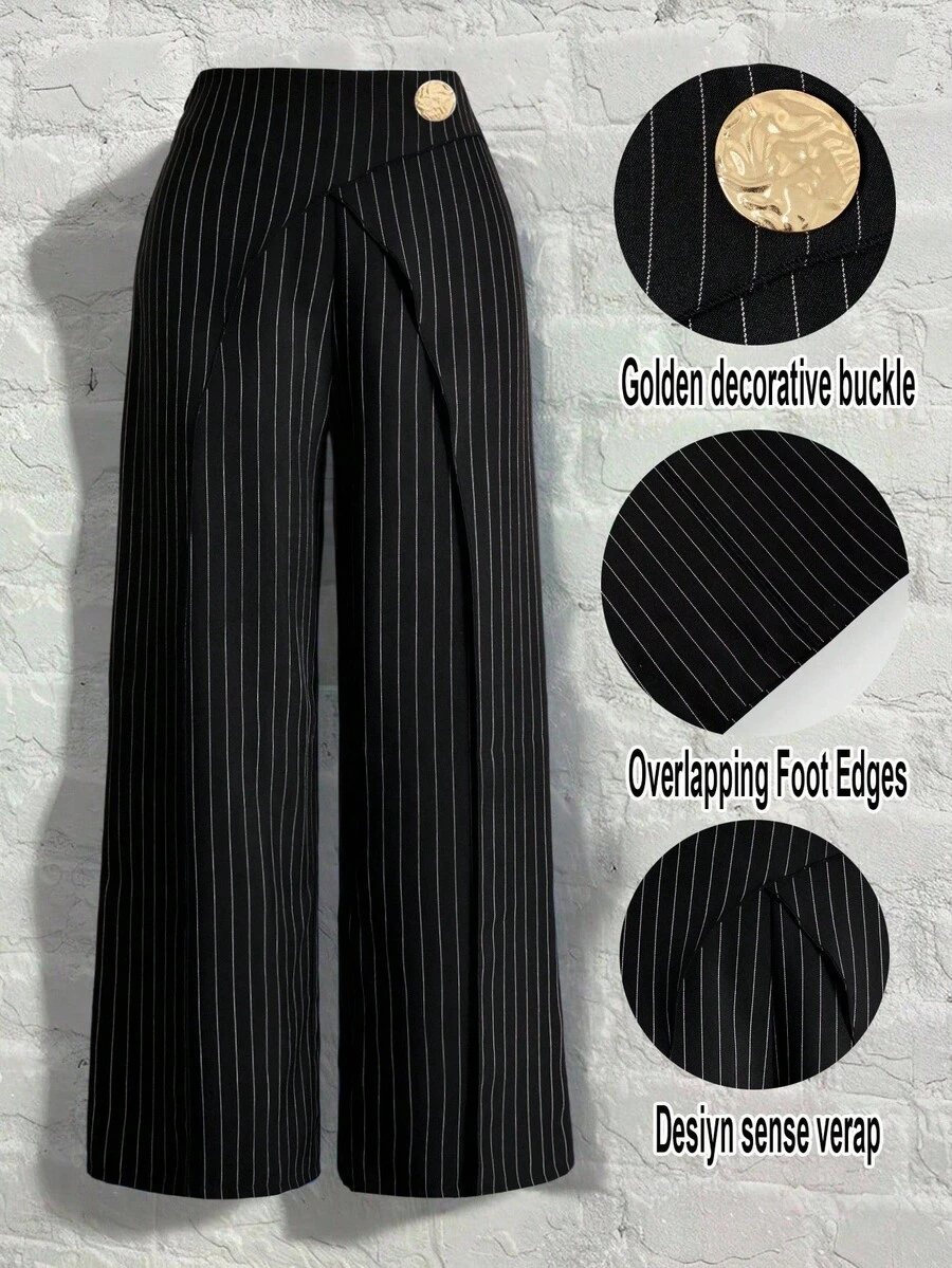 Selianne Women's Elegant Commuter Daily European And American Style Striped Fabric 2 In 1 Exaggerated Metal Buckle Decor Side Zipper Easy On/Off Casual Versatile Design, Suitable For Casual, Gathering, Commuting And Other Occasions In Spring And Autumn Fall Cloth For Women - Black - View 1