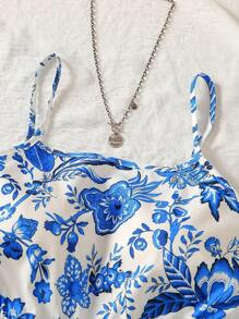 梭织印花吊带背心、女式扭纹镂空连体裤、印花图案女式夏装、女式度假装、波西米亚风时尚装、女式沙滩装、休闲飘逸波西米亚风女装、女式热带风情装 - 藍色 - 查看 6